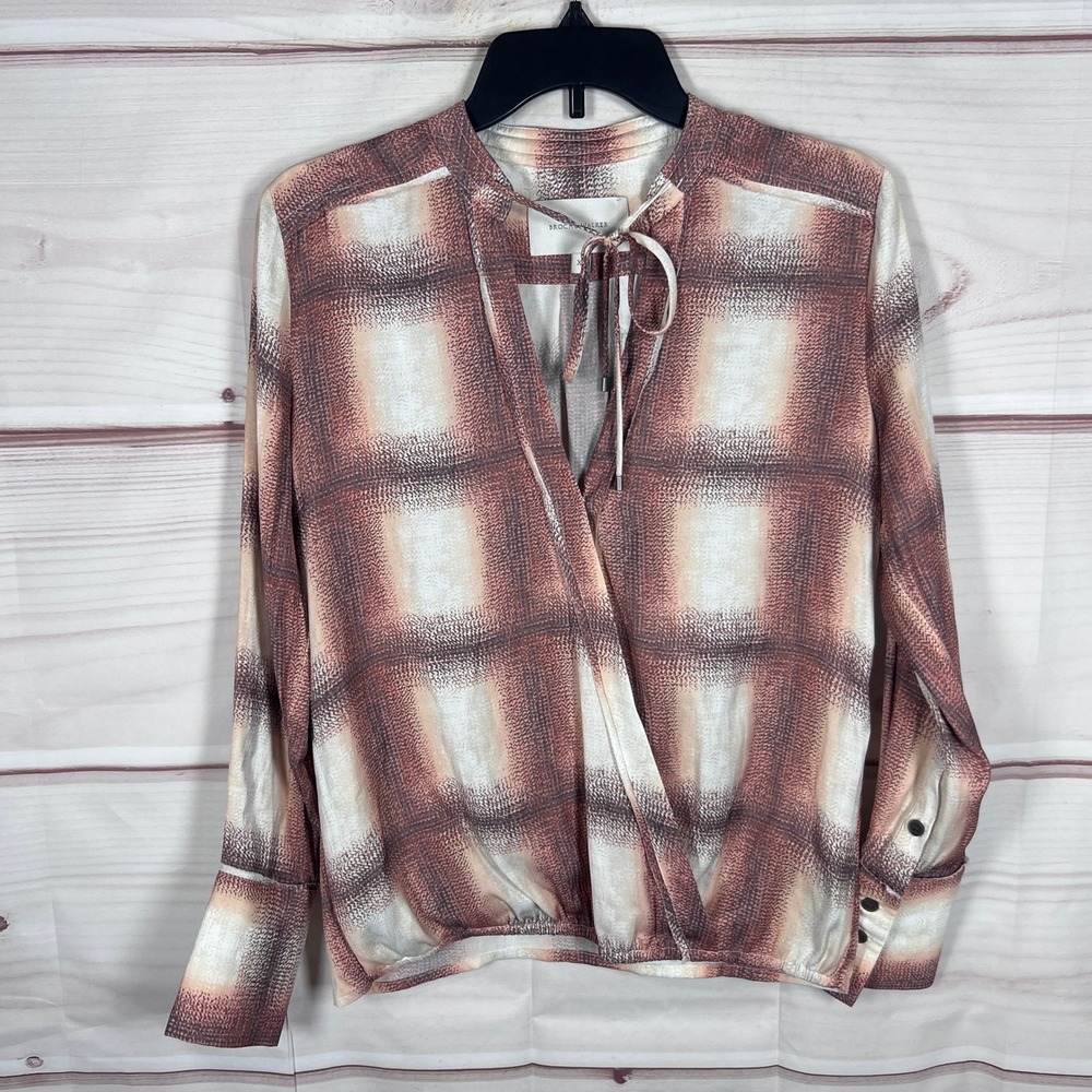 Brochu Walker Blouse Womens XS Brown Plaid Faux Wrap V-Neck Tie Sleeve Top